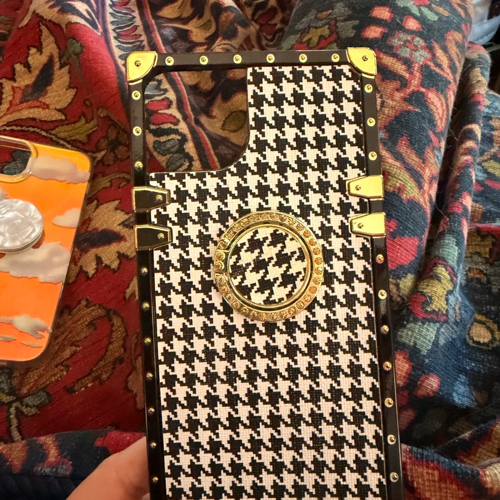 Square Black & White Houndstooth iPhone 14 Plus Case with Gold Ring Accent